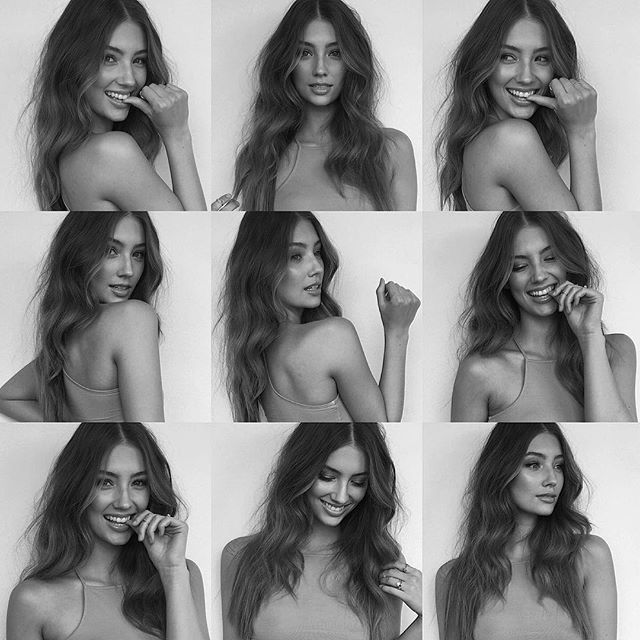 black and white images of a woman with long hair posing in six different poses for the camera