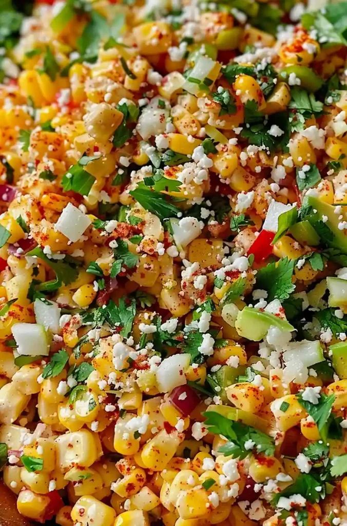 corn salad with feta cheese and herbs in a bowl