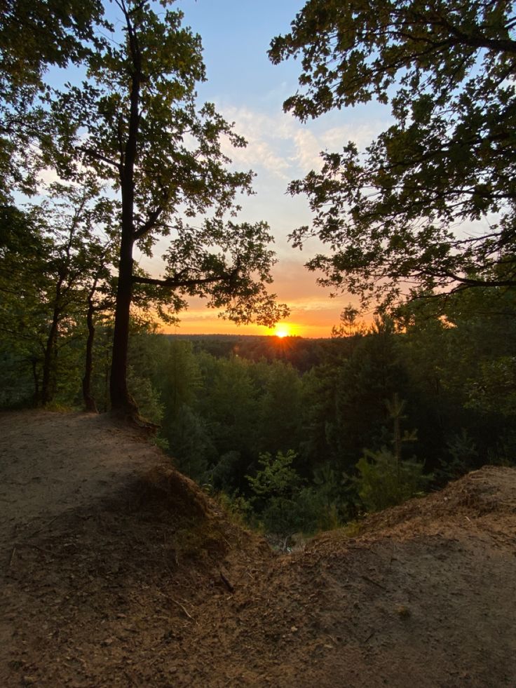 the sun is setting behind some trees on top of a hill in the distance,