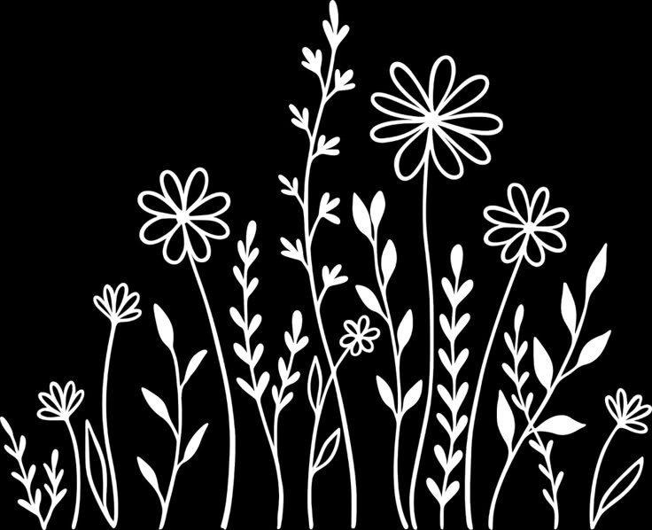 a black and white drawing of flowers on a black background