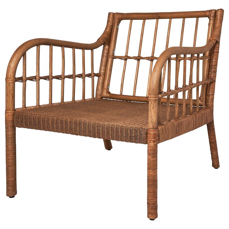 a chair made out of wood and wicker with an armrest that is bent to the side