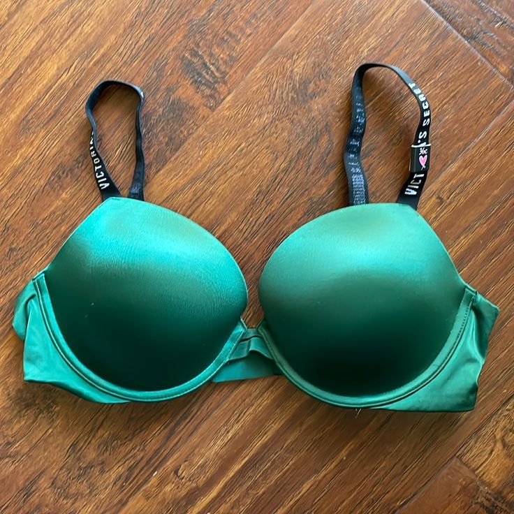 Size: 36 C New With Tags Green Bra With Integrated Support, Green Stretch Push-up Bra, Fitted Green Push-up Bra, Victoria's Secret Green Bra For Spring, Green Push-up Bra With Padded Cups, Green Padded Fitted Bra, Fitted Padded Green Bra, Fitted Green Padded Bra, Rhinestone Bra