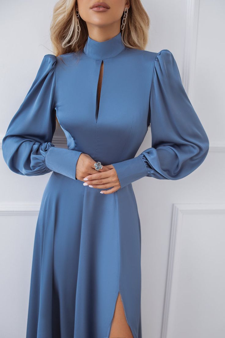 Colorful Silk Dress, Long Sleeve Light Blue Dress, Long Sleeve Blue Dress, High Neck Long Sleeve Dress, French Clothes, Elegant Silk Dresses, Sateen Dress, Sky Blue Dress, Long Blue Dress