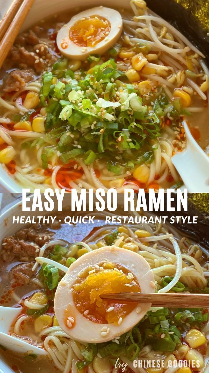 Creamy and savory miso ramen with Japanese gyoza are so delicious, they’ll leave you full and satisfied. They’re also one of my favorite dishes. My homemade miso ramen is full of caramelized ground pork, miso, and a light garlic flavor. It only takes 20 minutes to make ramen as delicious as you’d find in a ramen store. It’s quick, delicious, and inexpensive, you just have to try it. Miso Ramen Broth Recipe, Chicken Miso Ramen Recipe, Miso Ramen Soup Recipe, Easy Miso Ramen, Ramen Store, Healthy Ramen Noodle Recipes, Pork Ramen Recipe, Healthy Ramen Recipes, Ramen Noodle Recipes Soup