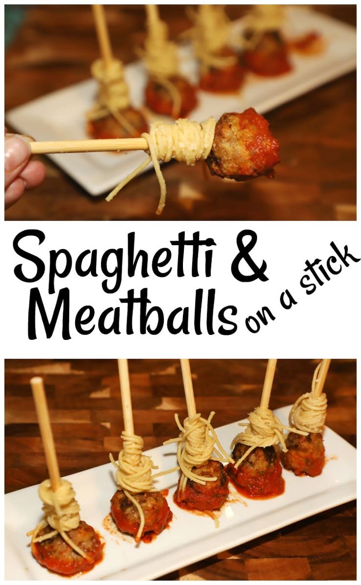 spaghetti and meatballs on a stick are ready to be eaten at the same time