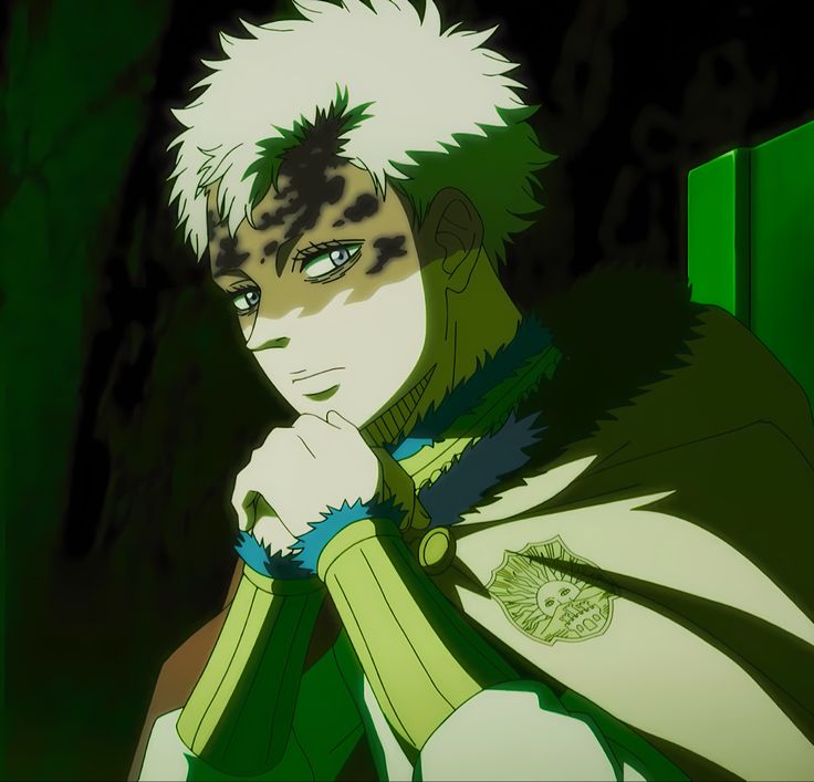 an anime character with green hair and leopard print on his shirt, staring at the camera