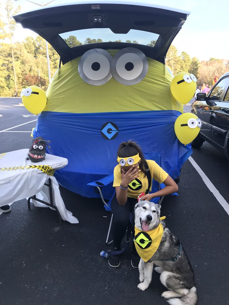 a woman sitting next to a dog in front of a car covered with a blue and yellow cover