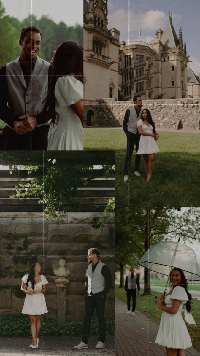 the collage shows people standing in front of a castle and trees, one woman is holding an umbrella