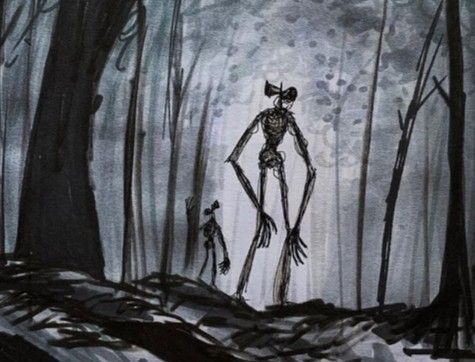 a drawing of a skeleton standing in the middle of a forest with two people walking through it