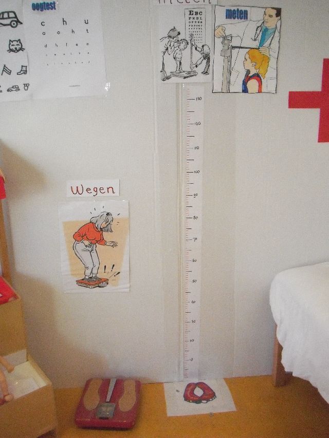 a child's room with a height chart on the wall and pictures on the wall