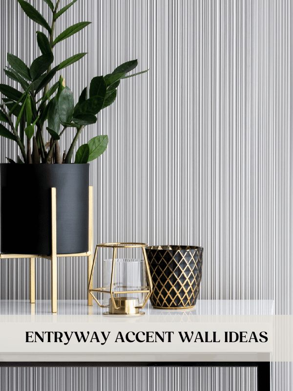 the entryway accent wall ideas are displayed on a table next to a potted plant