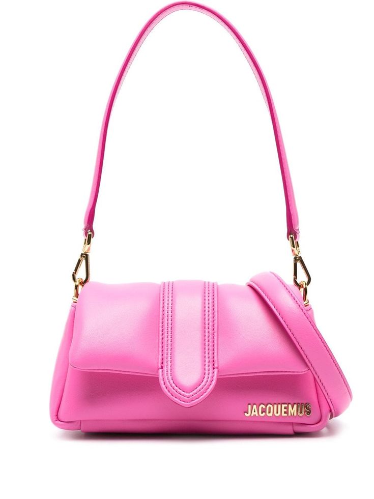 fluorescent pink calf leather padded design gold-tone logo lettering foldover top with magnetic fastening single detachable top handle detachable shoulder strap main compartment internal logo patch This item is in size UNI and the color is Pink Jacquemus Bag, Margot Robbie, Small Shoulder Bag, Pink Leather, Clutch Handbag, Pink Bag, Shoulder Bag Women, Moschino, Top Handle