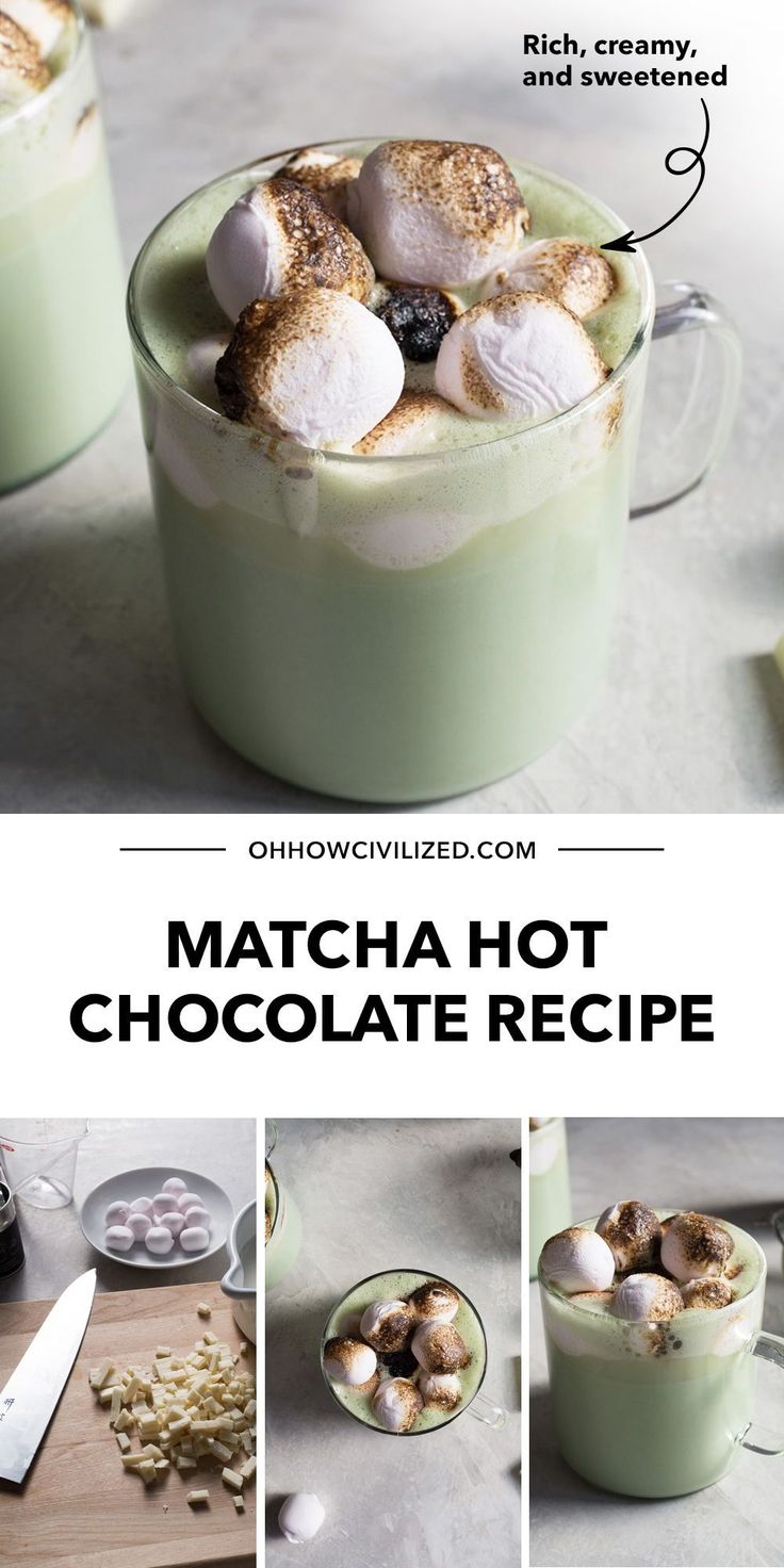 the recipe for matcha hot chocolate is shown in three different pictures, including one with marshmallows