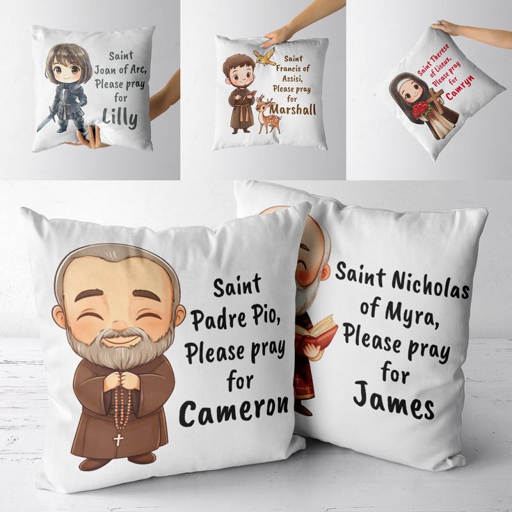 three pillows with pictures of saint nicholas and mary, please pray for james on them