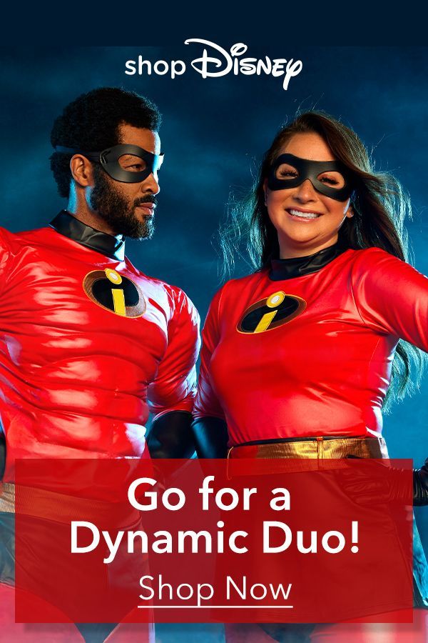 a man and woman dressed in costumes with the words go for a dynamic duo shop now