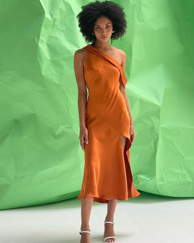 The Jodie Silk Dress offers a modern and sophisticated look, crafted from a luxuriously soft silk material. A unique asymmetric neckline gives it a beautiful, yet subtle, edge. An effortless side slit detail adds the perfect hint of femininity. Petite Dresses Wedding Guest, Backless Silk Dress, Orange Bridesmaid Dresses, Color Season, Euro Summer, Wedding Palette, Asymmetric Neckline, Frill Dress, Wedding Guest Dresses