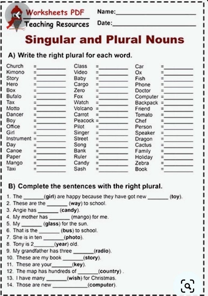 worksheet for singular and plural nounts with pictures on it