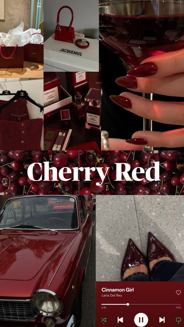 a collage of photos showing different types of red nail polish and other things on display