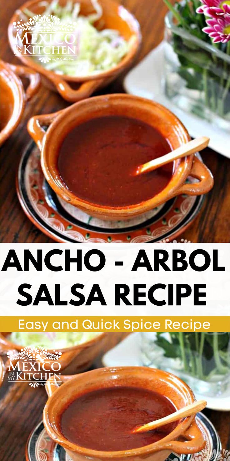 ancho - arboli pepper salsa is served in orange dishes