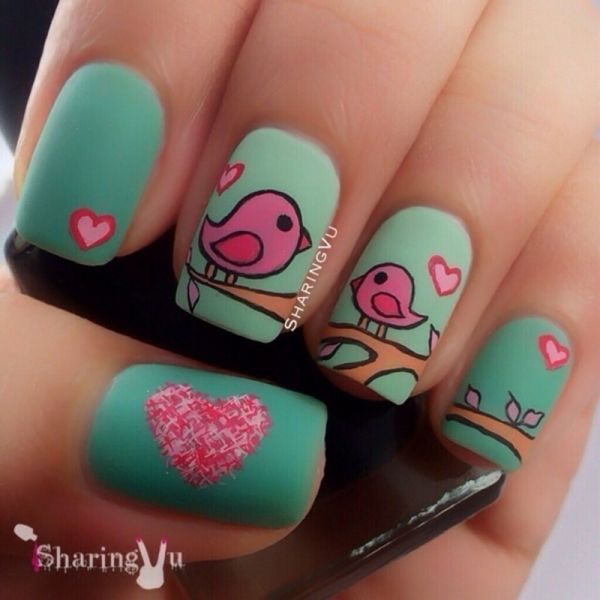 Bird Nail Art, Valentines Nail Art Designs, Nail Makeup, Animal Nail Art, Valentine Nail Art, Romantic Nails, Nails Colors, Animal Nails, Uñas Acrilicas