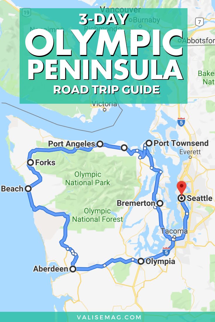 the 3 - day olympic peninsula road trip guide is shown in green and has a map with