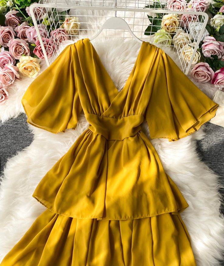 Lovely A line v neck chiffon dress Fabric: chiffon Color: yellow, green, ogrange, black Size(cm): S, M S length 116 bust 95 sleeve length 30 Dress Elegant Long, Lantern Sleeve Top, Ruffle Cake, Floral Chiffon Dress, Wrap Jacket, Square Neck Dress, Floral Chiffon, Lantern Sleeve, V Neck Dress