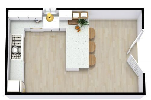 an overhead view of a kitchen and living room in a small apartment with wood flooring