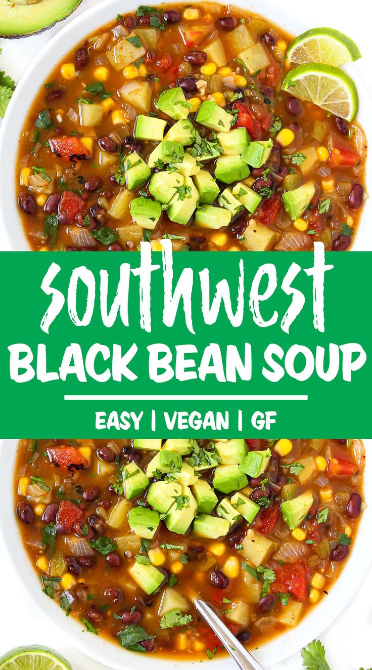 southwest black bean soup with avocado and cilantro in a white bowl