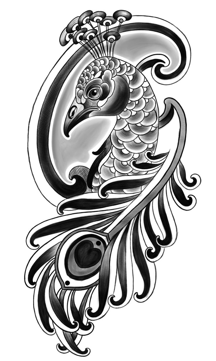 an artistic tattoo design with a peacock on it's head and feathers in the background