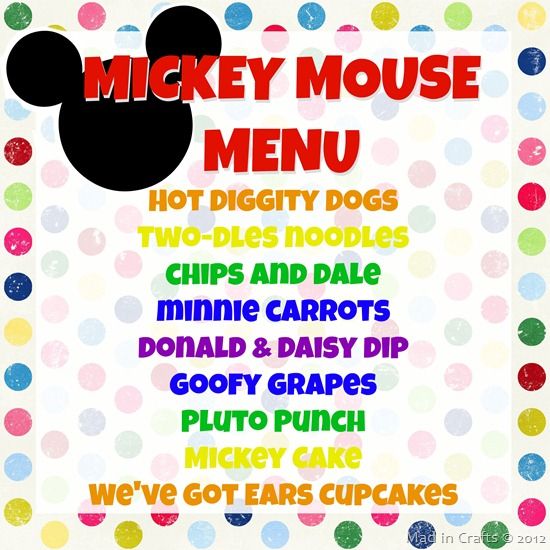 the menu for mickey mouse's birthday party