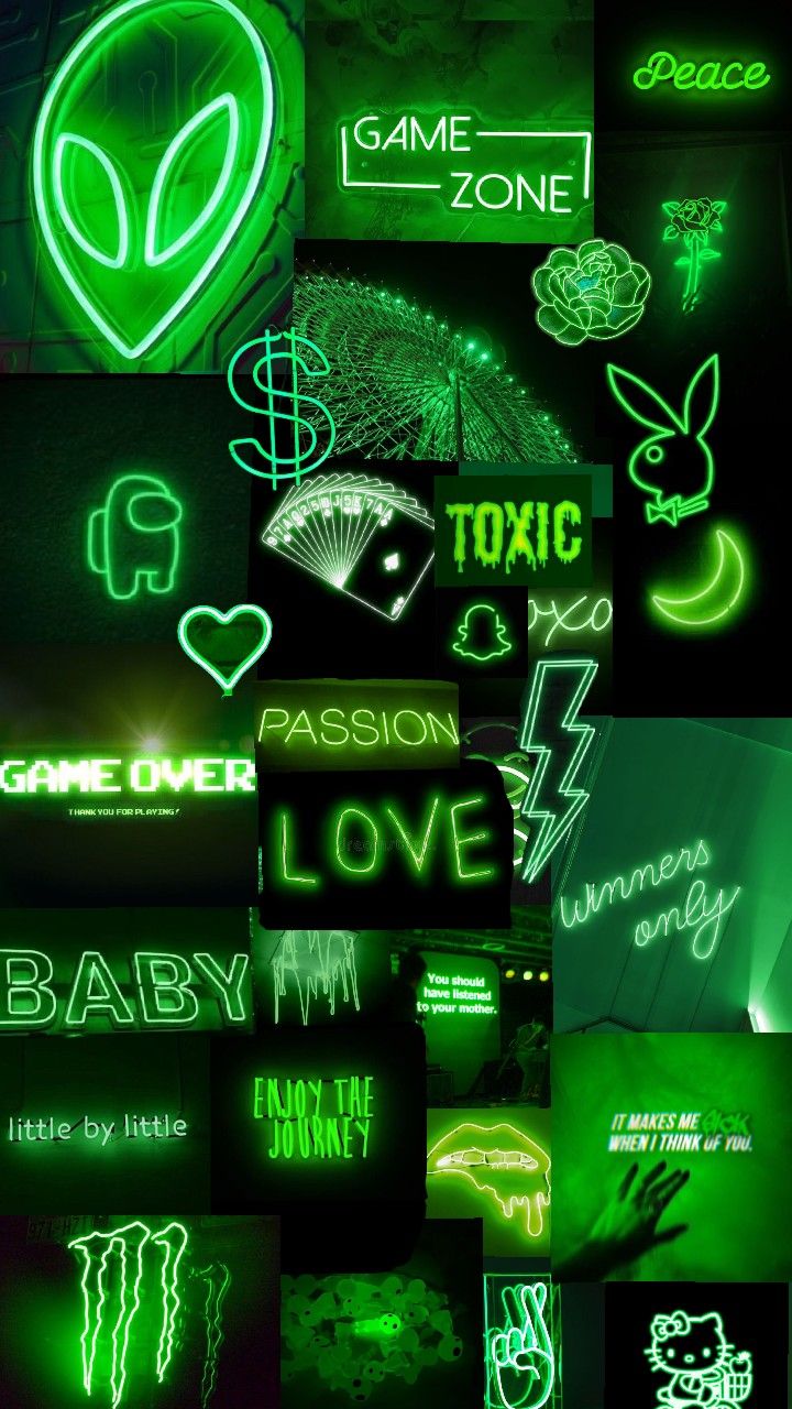 green neon signs are all over the place