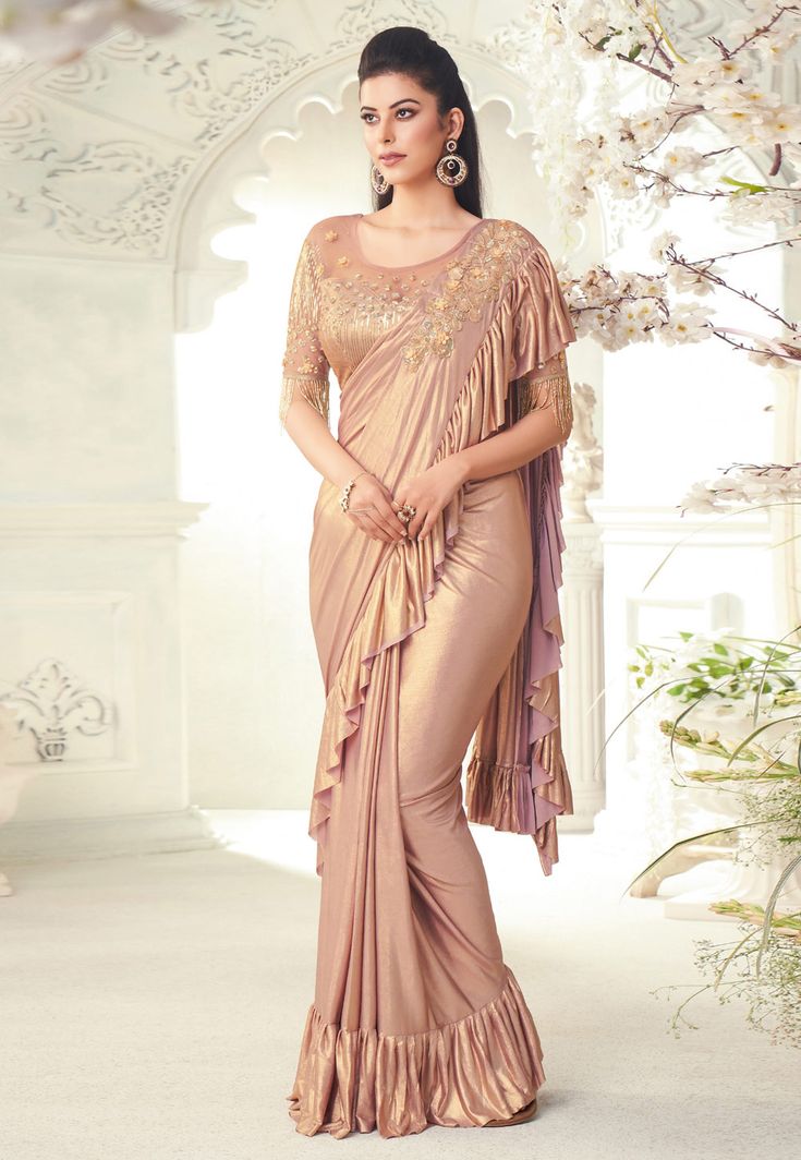 Buy Indian Wedding Party Wear Saree Peach silk ruffle border saree 7104 online in USA, UK and Canada from KollyBollyEthnics.com Sari For Wedding, Indian Wedding Party, Bollywood Designer Sarees, Saree With Belt, Bridesmaid Saree, Ruffle Saree, Designer Silk Sarees, Border Saree, Satin Saree