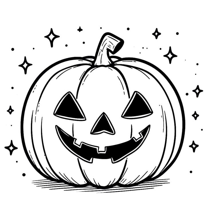 a black and white drawing of a jack - o'- lantern with stars around it