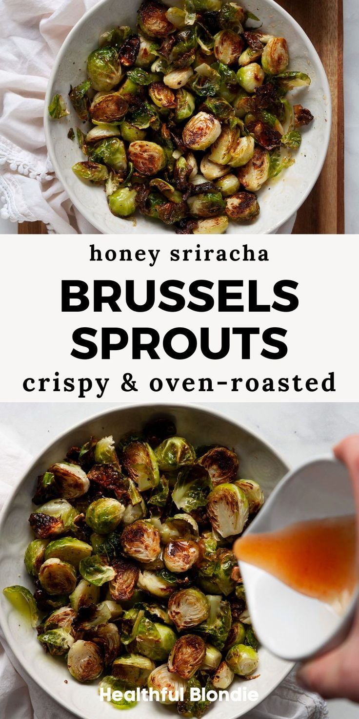 brussel sprouts in a white bowl with sauce being drizzled over them