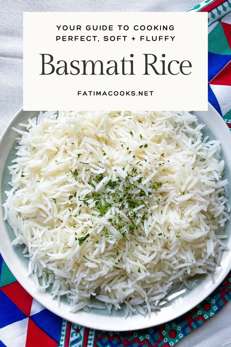 basmati rice in a white bowl on a colorful tablecloth with the title your guide to cooking perfect soft and fluffy basmati rice