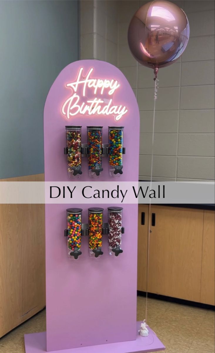 Candy wall dispenser Sweet Treat Theme Party, Rental Ideas Diy, Stands For Birthday Party, Party Packages Ideas, Party Stands Diy, Diy Decor For Party, Ikea Birthday Party Hacks, Two Sweet Birthday Backdrop, Business Birthday Party