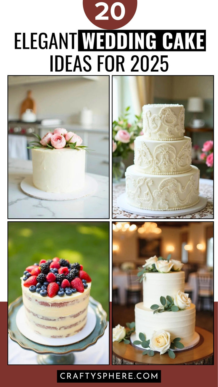 20 Elegant and Simple Wedding Cake Ideas for 2025 to Make Your Big Day Extra Special. Perfect inspiration for timeless and classy designs! Modern Small Wedding Cake, Wedding Cake Trends For 2025, Silver Wedding Anniversary Cake Ideas, Fun Wedding Cake Designs, Wedding Cakes Vintage Elegant, Wedding Cakes 2025 Trends, Wedding Cake Trends 2025, 2025 Wedding Cake Trends, Rustic Elegant Wedding Cake