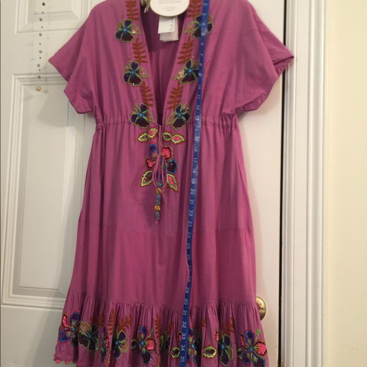 Camilla Franks Aramberri Dress, 100% Cotton, No Size Tag, Fits Medium, Lined. Embroidered, Beaded And Tasseled. Purple Cotton Embroidered Dress, Purple Embroidered Cotton Dress, Bohemian Purple Tunic Dress, Purple Bohemian Tunic Dress, Spring Purple Embroidered Dress With Floral Detail, Purple Embroidered Dress For Summer, Pink Bohemian Kaftan With Tassels, Traditional Purple Short Sleeve Kaftan, Purple Short Sleeve Kaftan For Summer