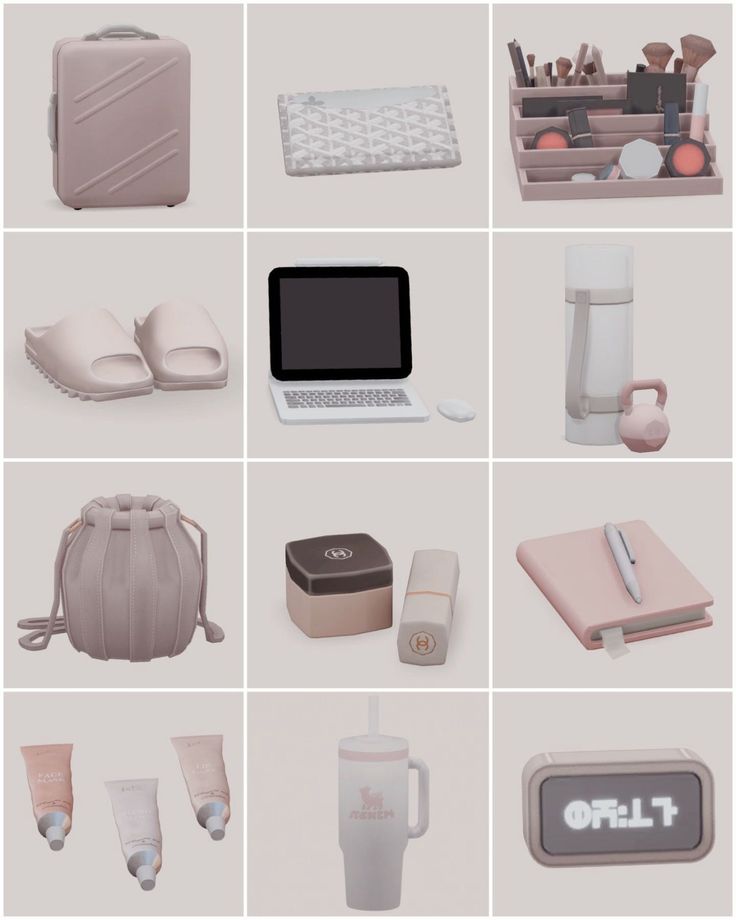 several different types of items are arranged in the same square pattern, including a laptop and other things