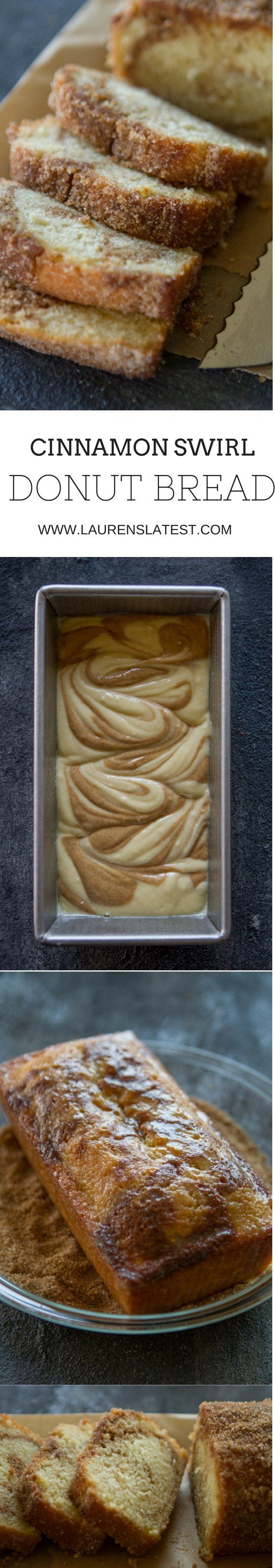 the process of making cinnamon swirl donut bread is shown in three different stages, including baking