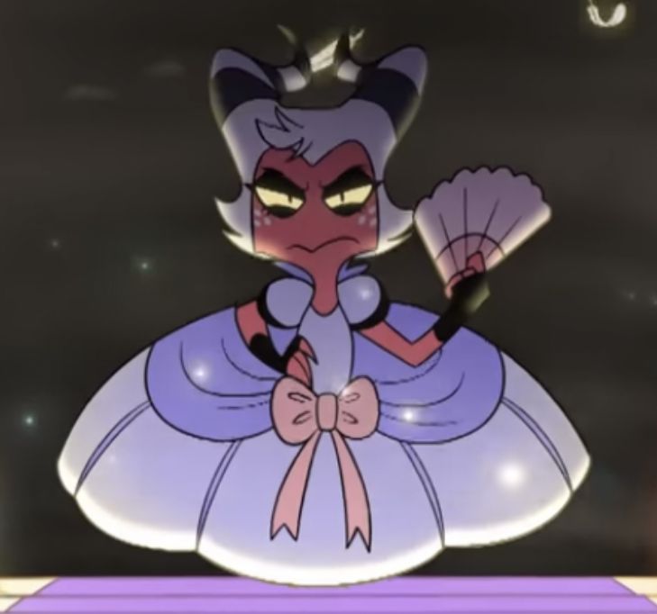 an animated character in a purple dress holding a fan