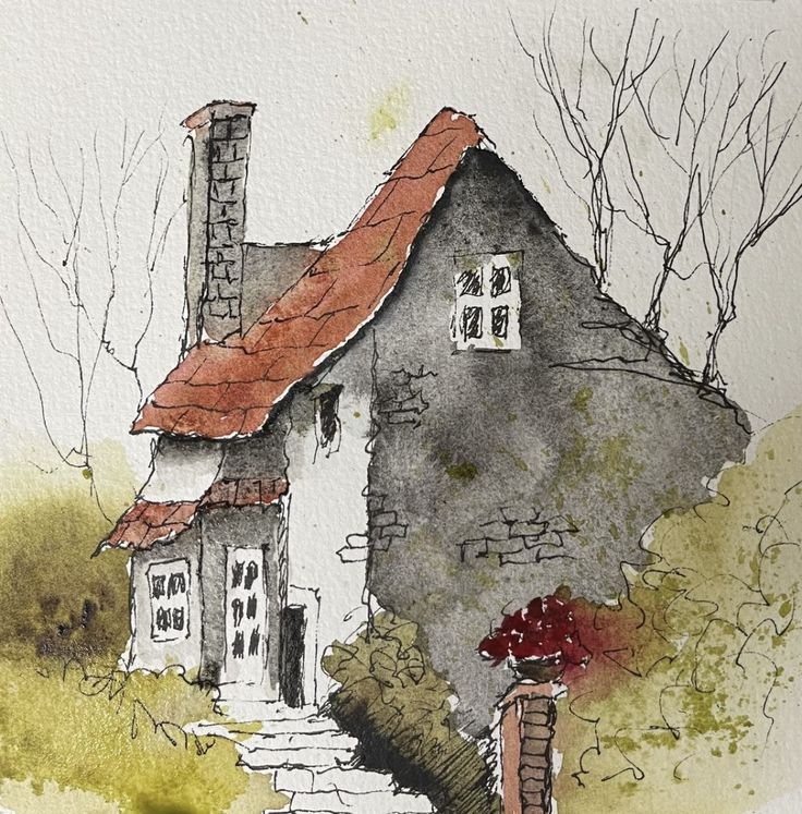 a watercolor painting of a house with stairs leading up to the front door and red roof