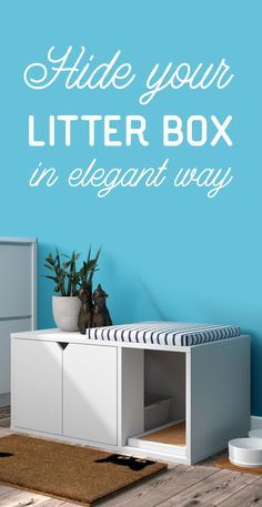 a blue wall with the words hide your litter box in elegant way