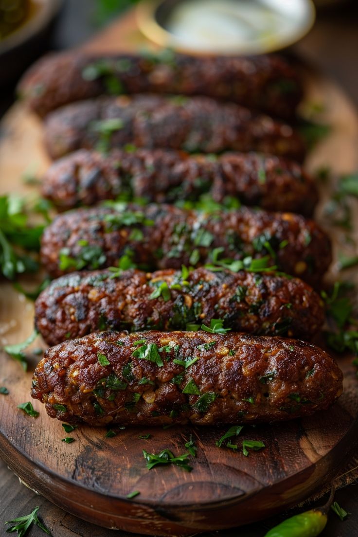 Grilled sausages garnished with chopped parsley on a wooden board. Arabic Appetizers Middle East, Middle Eastern Cooking, Middle Eastern Food Aethstetic, Ethnic Dinner Recipes, Souvlaki Sauce, Lebanese Salad Recipes, Lebanese Food Photography, Lebanese Kibbeh Recipe, Lebanese Food Recipes