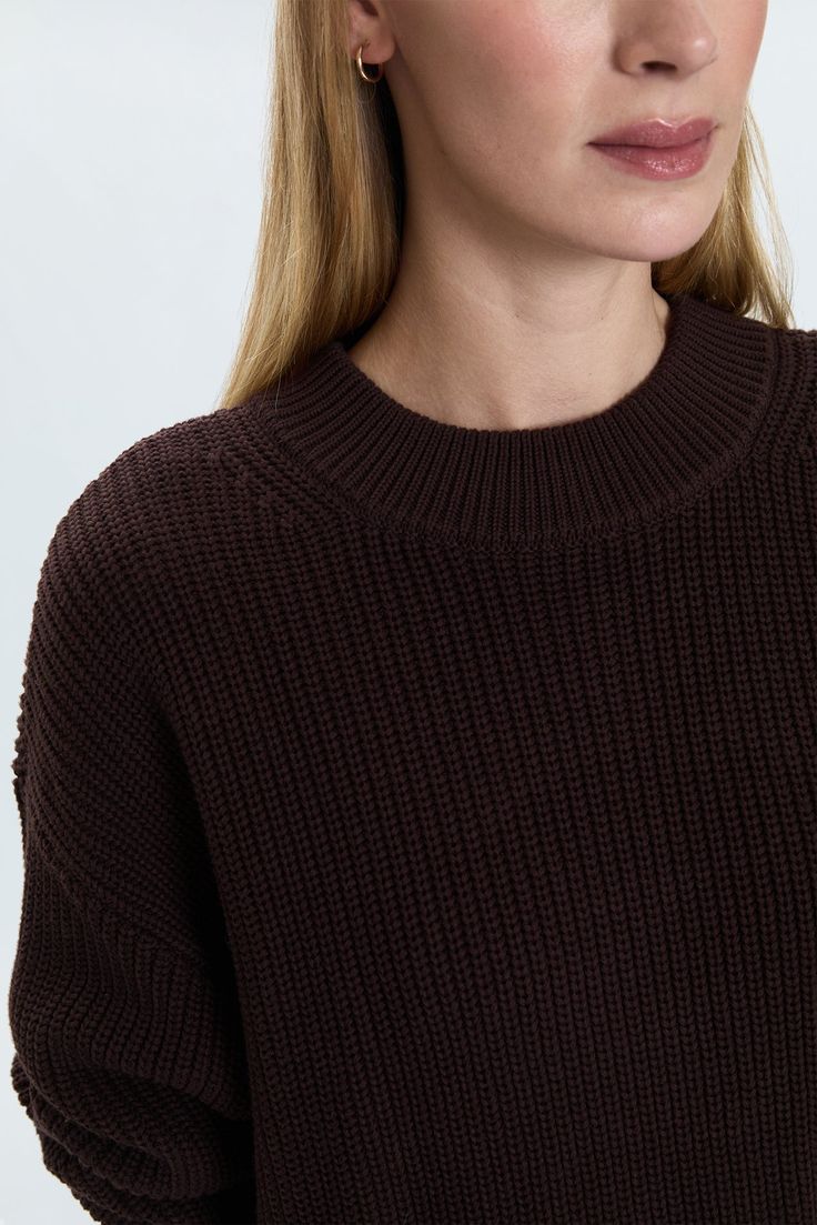 Mockneck long sleeve sweater with wide ribbed cuffs and collar. Crafted from a marled, waffle knit with directional knitting and dropped shoulders for a relaxed fit and transitional wearability. Espresso is a deep brown color offering that's exclusively ours. 100% Cotton Imported Modern Winter Sweater With Ribbed Neckline, Cozy Sweater With Ribbed Neckline For Work, Knit Turtleneck With Ribbed Cuffs For Layering, Classic Chunky Knit Sweater For Layering, Funnel Neck Sweater With Ribbed Cuffs For Work, Modern Ribbed Sweater For Fall, Everyday Knit Turtleneck Sweater, Oversized Sweater With Ribbed Cuffs For Work, Knit Sweater With Ribbed High Neckline