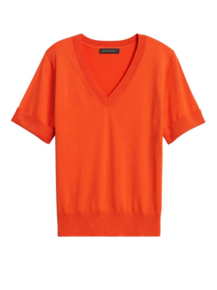 Stretch-Cotton Short-Sleeve Sweater | Banana Republic Orange Knit V-neck Top, Orange V-neck Knit Top, Fitted Orange Tops For Work, Stretch Orange V-neck Top, Orange Stretch V-neck Top, Classic Orange Tops For Spring, Classic Orange Tops For Fall, Classic Orange Top For Fall, Classic Fitted Cotton Knit Top