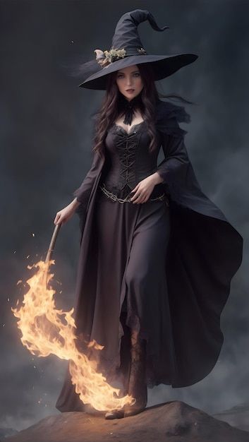 a woman dressed as a witch holding a wand and wearing a long black dress with flames in front of her