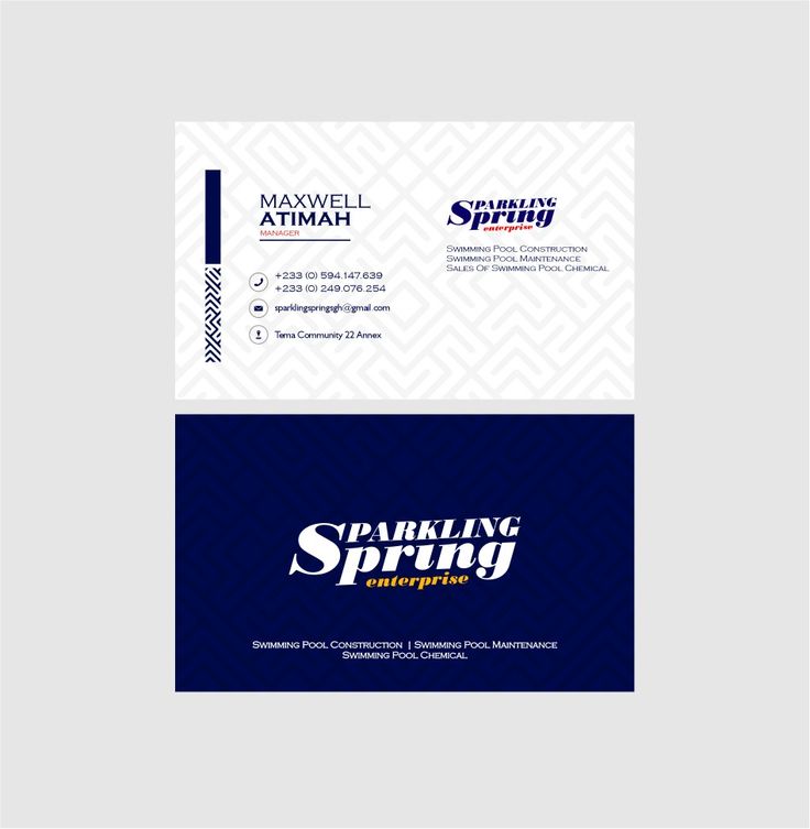 two business cards with the words sparkling spring in blue, white and black colors on them