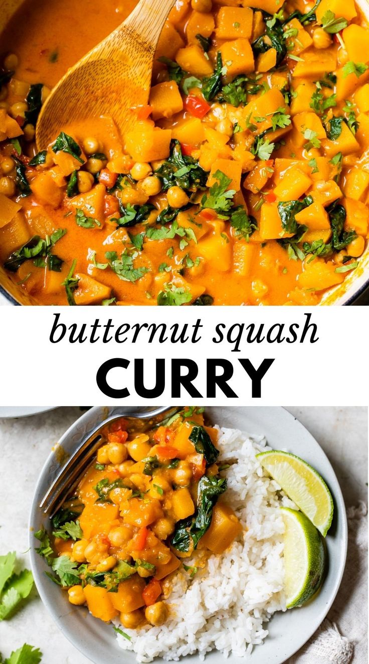 butternut squash curry in a white bowl with rice and cilantro