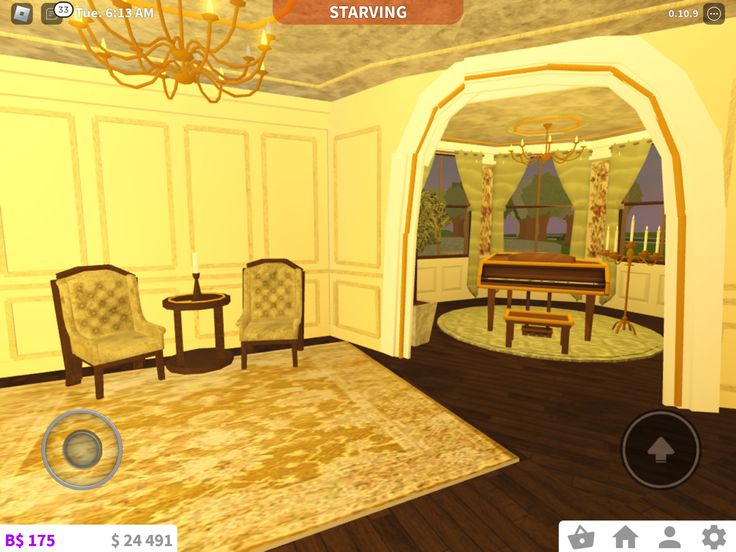 a virtual view of a living room with chairs and a piano in the middle of the room